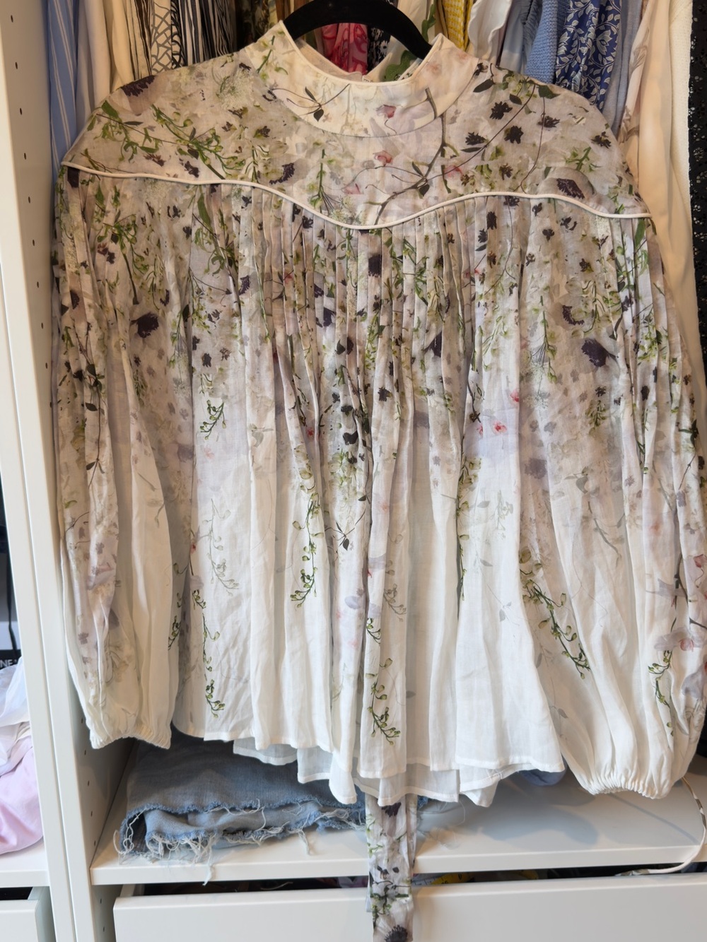 Zimmermann Sheer Floral Pintuck Blouse in Ivory with Green & Lavender Accents